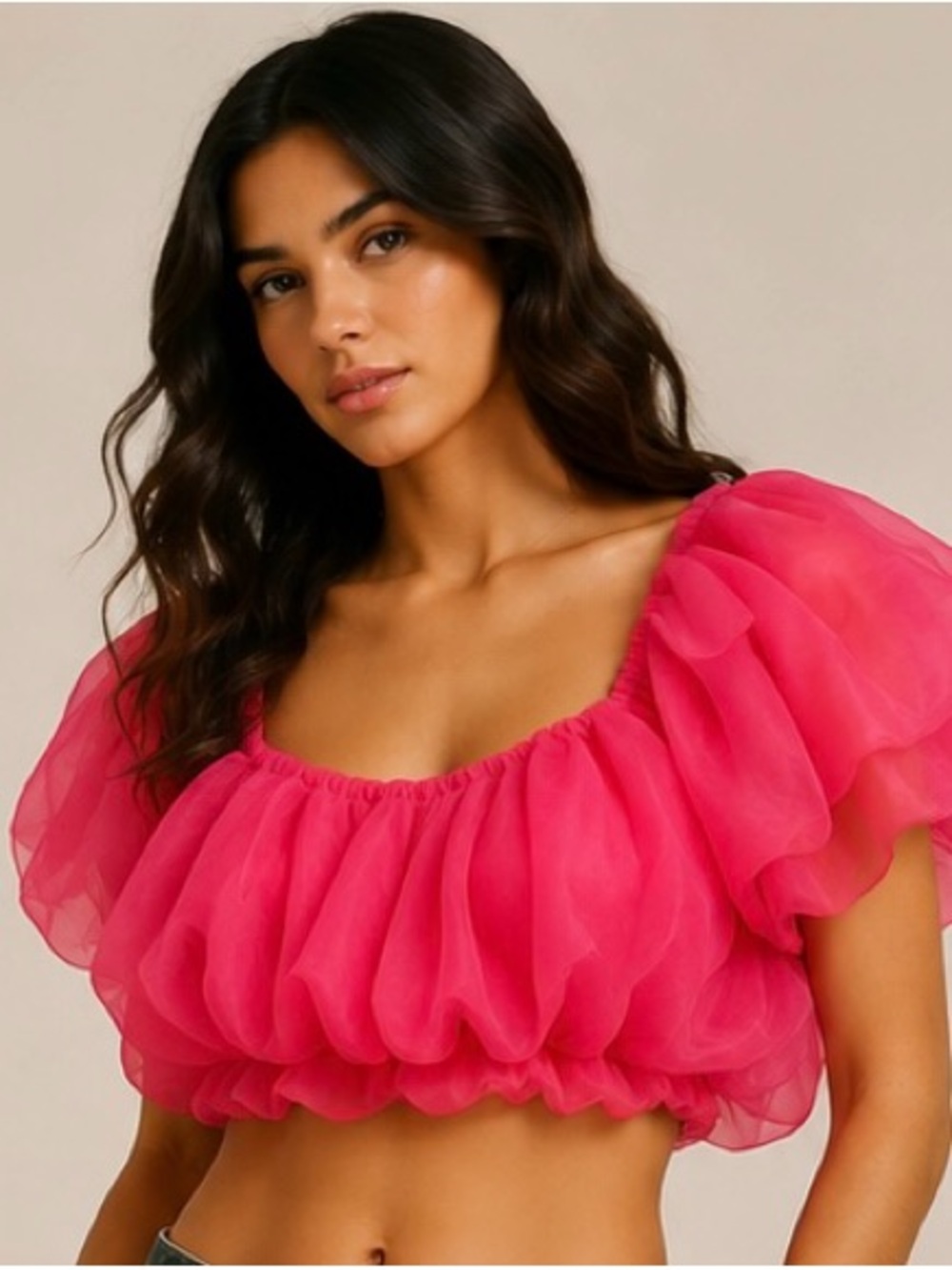 Hot Pink Puff-Sleeve Ruffle Crop Top